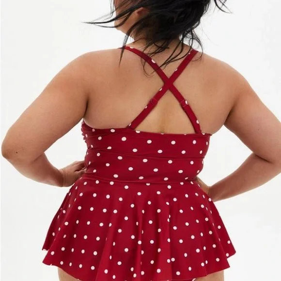 Torrid Disney Minnie Mouse Size 1X Red Polka Dot Retro Peplum One Piece Swimsuit - Picture 2 of 15